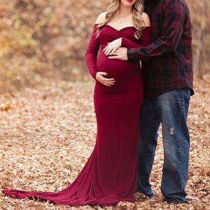 Burgundy Maternity Off Shoulder Dress